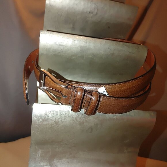 Leather Belt Size 42 Perry Ellis Brown Portfolio Grain Cowhide 1.5 Silver Buck - Picture 2 of 10
